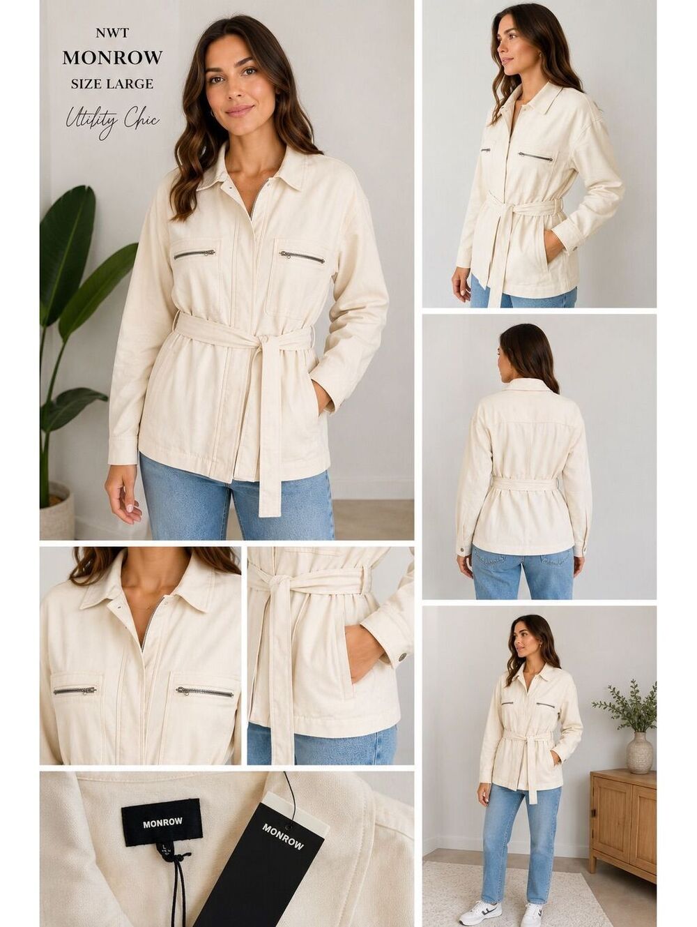 231. NWT! MONROW•Cream Safari Utility Belted Shacket Jacket•LARGE